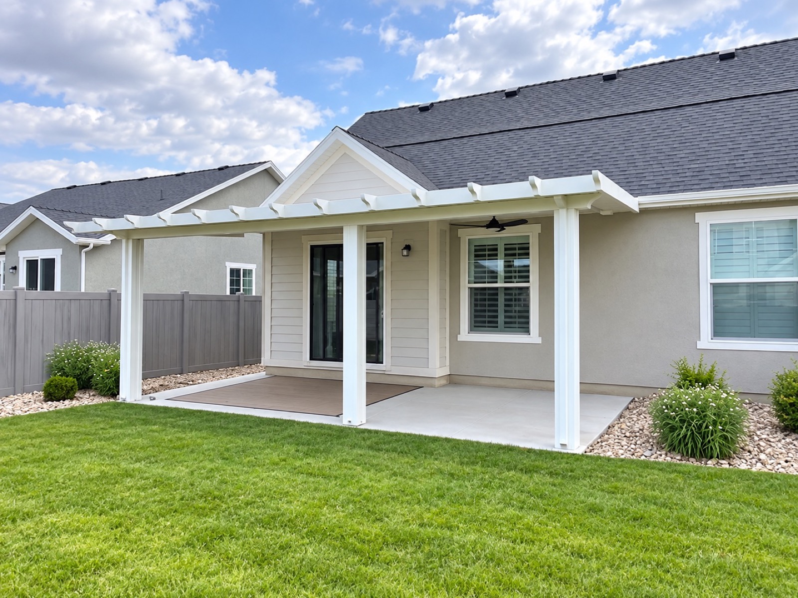 White aluminum patio cover extending a covered patio on a Utah home, built by Blackrock Decks