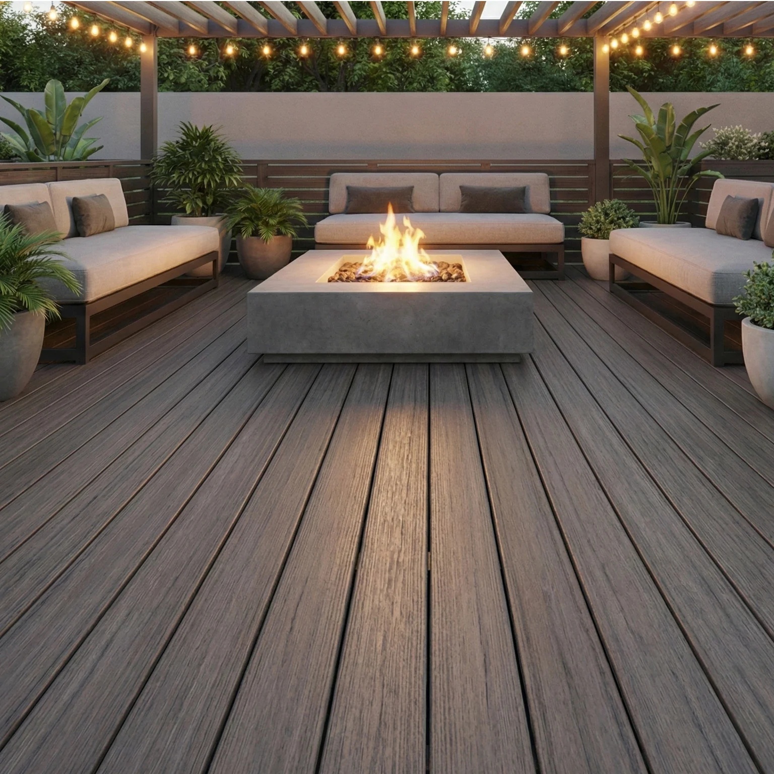 Trex Refuge PVC decking in Point Reyes under a pergola with a fire pit and string lights