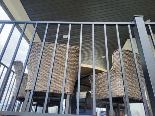 Black powder-coated Cinch railing on deck stairs