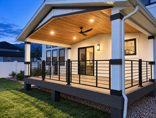 Custom gable roof over a composite deck with mountain views at twilight