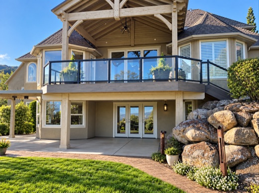 Black-framed glass panel railing on an elevated deck under a timber pavilion