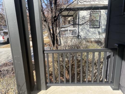 Dark metal picket railing on a covered porch overlooking a neighboring house and bare trees