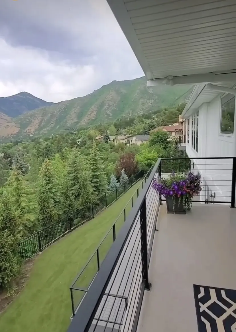 A balcony overlooking a mountainous landscape with a flowering plant on the railing.