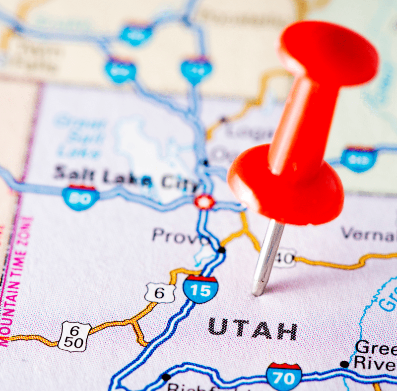 map of utah and with a pin to show location
