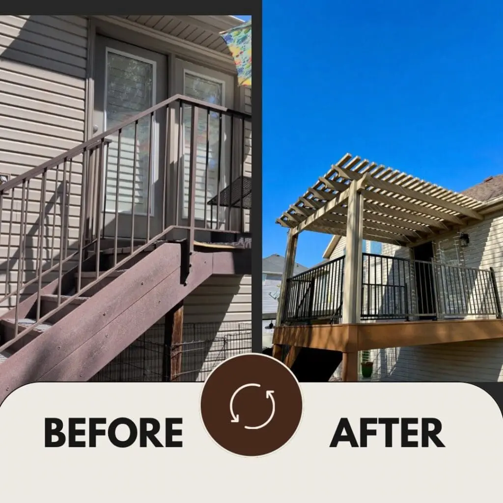 A before and after photo of a home that had a deck and pergola added onto it.