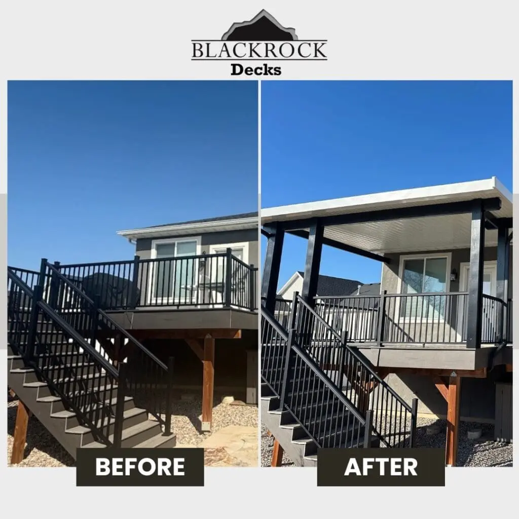 Backyard deck that features a custom build patio cover that extends the usability of the deck.