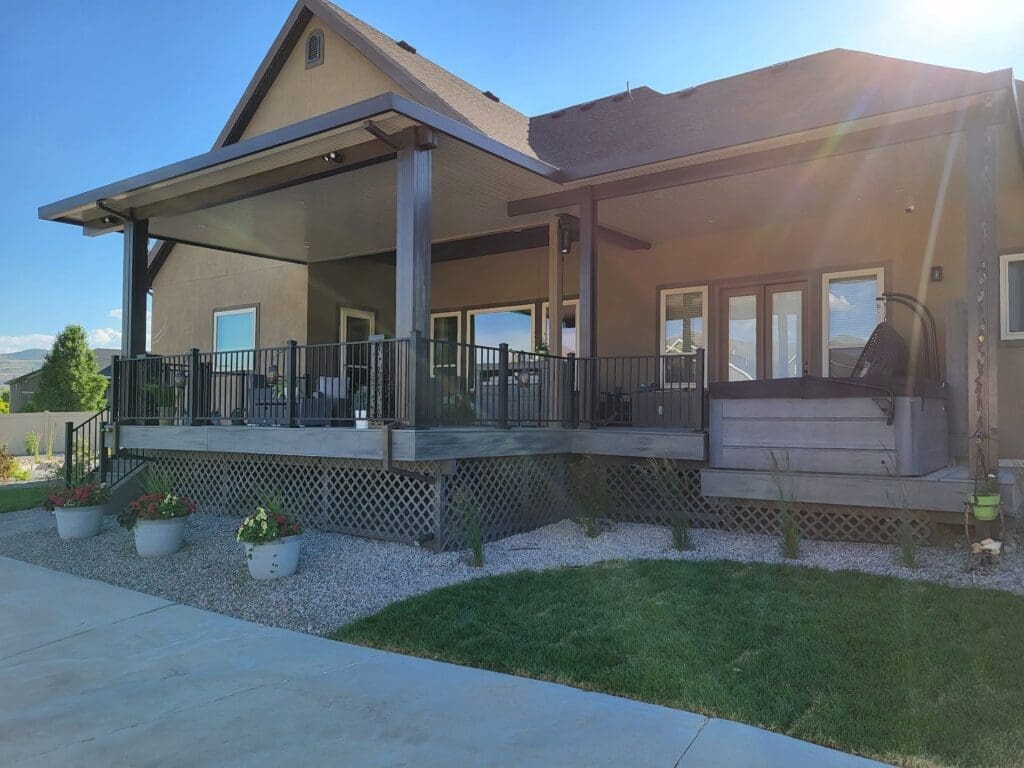 Custom patio cover on the back deck of a Utah Home 
