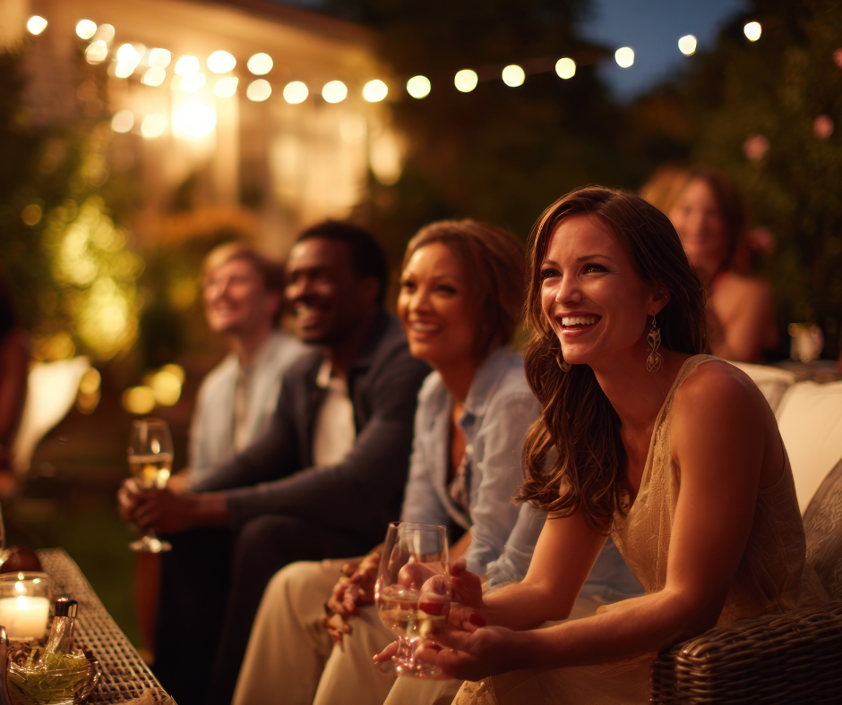Friends gathering together on the deck of a house. 
