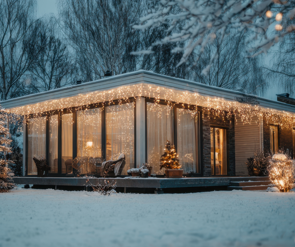Back view of a home in the winter showing a deck that is decorated for the holidays which includes lights and Christmas decor