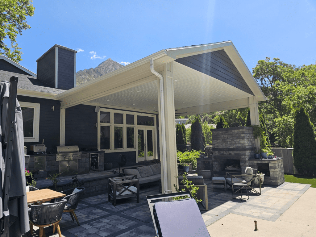 Custom deck roof and fireplace installed by blackrock decks